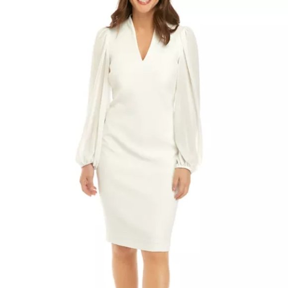 vince camuto v-neck long chiffon sleeve crepe sheath dress White Vince Camuto V-Neck Long Chiffon Sleeve Crepe Sheath Dress